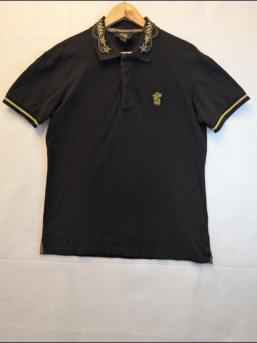 Cavalli Class Black Polo with Yellow Embroidered Collar & Sleeve Trim